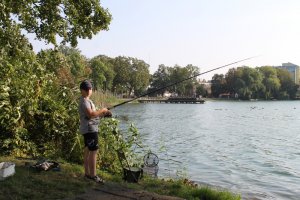 chłopiec łowi ryby nad jeziorem
